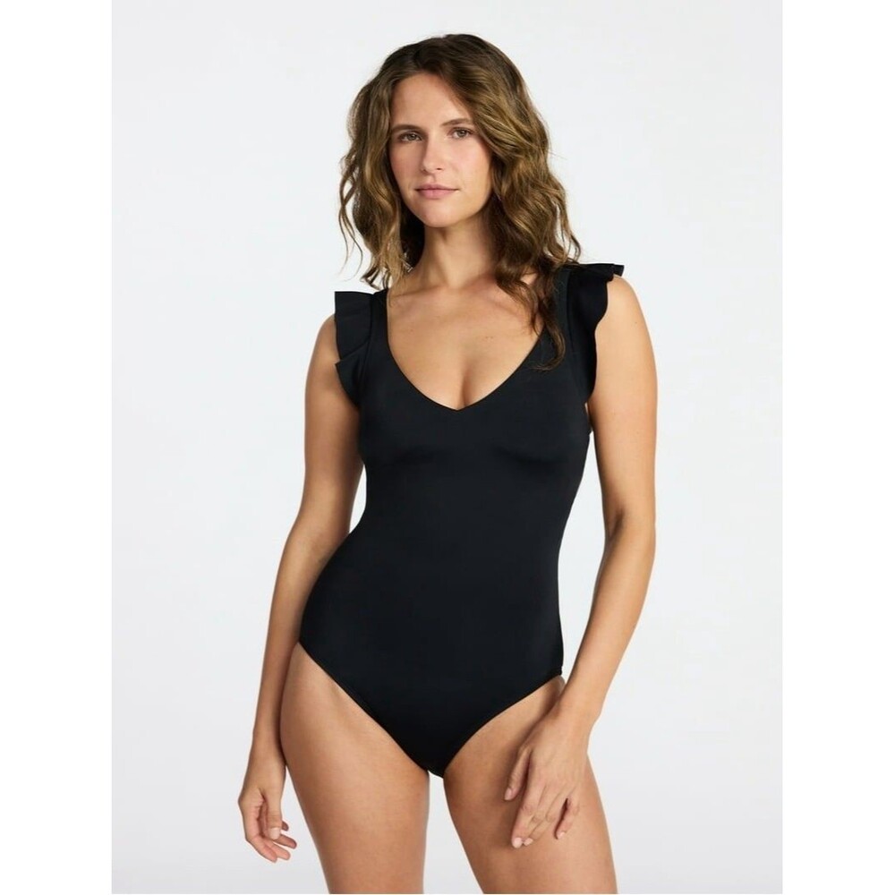 Time and Tru Women’s Ruffle Strap One Piece Swimsuit Black Size L 12-14 NWT’s
